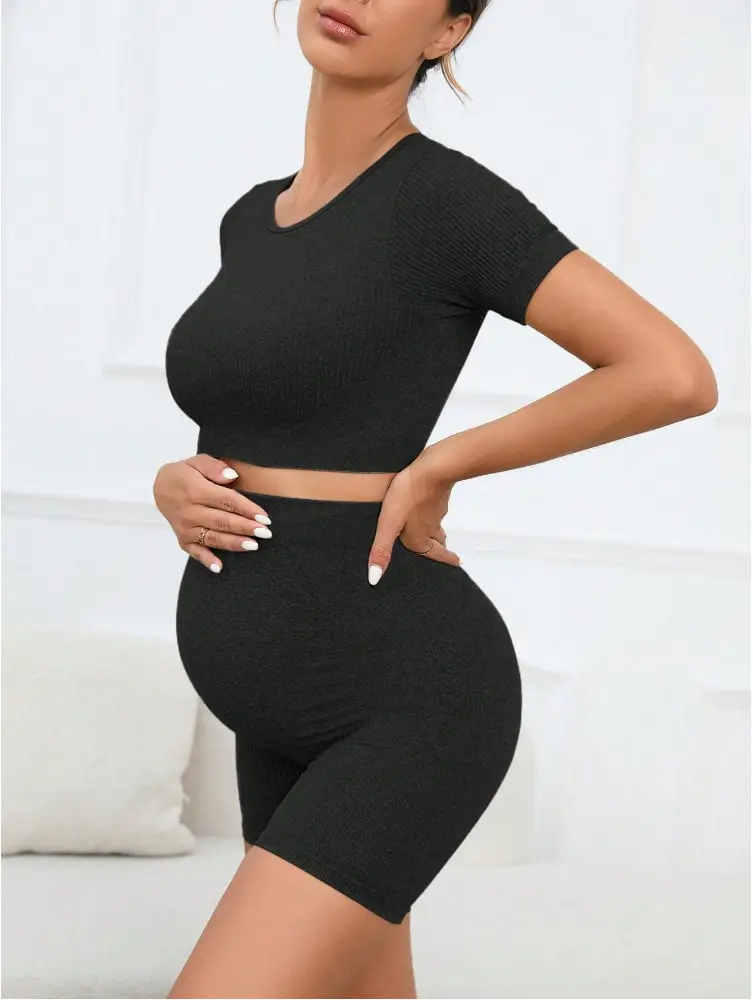 Maternity Sports Suit Peach Butt Shorts Short-Sleeved Seamless Knitted Breathable Quick-Drying Yoga Pants Maternity Yoga Clothes — feature 10