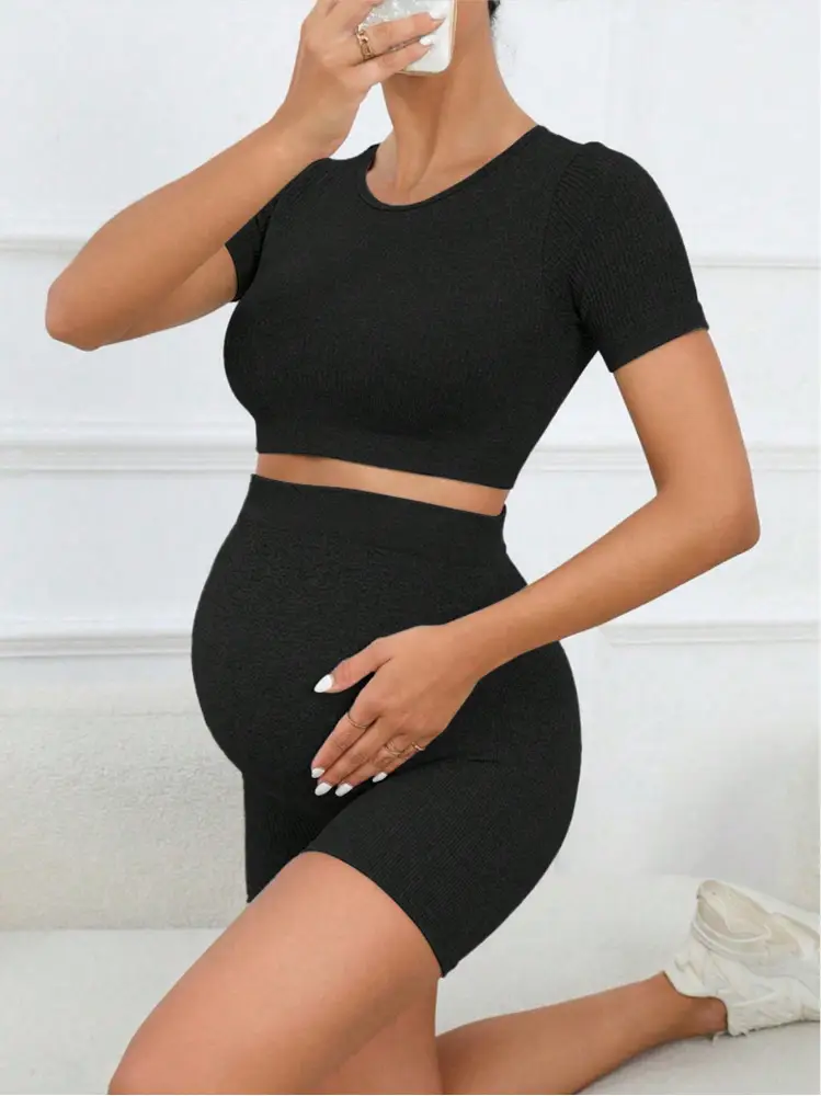 Maternity Sports Suit Peach Butt Shorts Short-Sleeved Seamless Knitted Breathable Quick-Drying Yoga Pants Maternity Yoga Clothes — feature 11