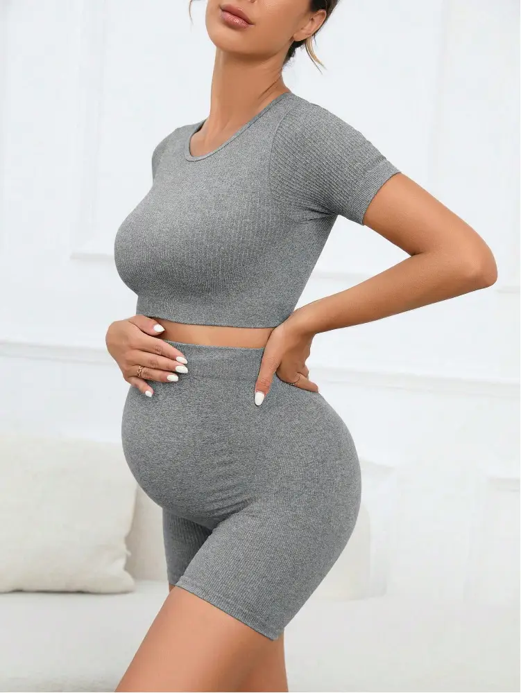 Maternity Sports Suit Peach Butt Shorts Short-Sleeved Seamless Knitted Breathable Quick-Drying Yoga Pants Maternity Yoga Clothes — feature 15