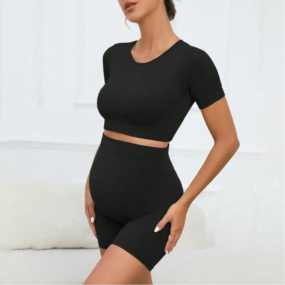 Maternity Sports Suit Peach Butt Shorts Short-Sleeved Seamless Knitted Breathable Quick-Drying Yoga Pants Maternity Yoga Clothes