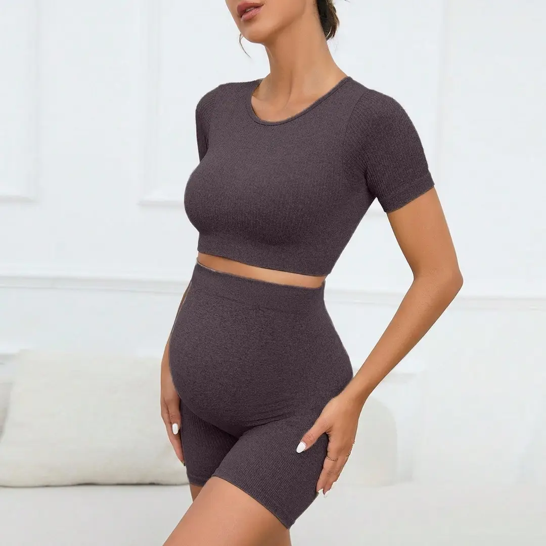 Maternity Sports Suit Peach Butt Shorts Short-Sleeved Seamless Knitted Breathable Quick-Drying Yoga Pants Maternity Yoga Clothes