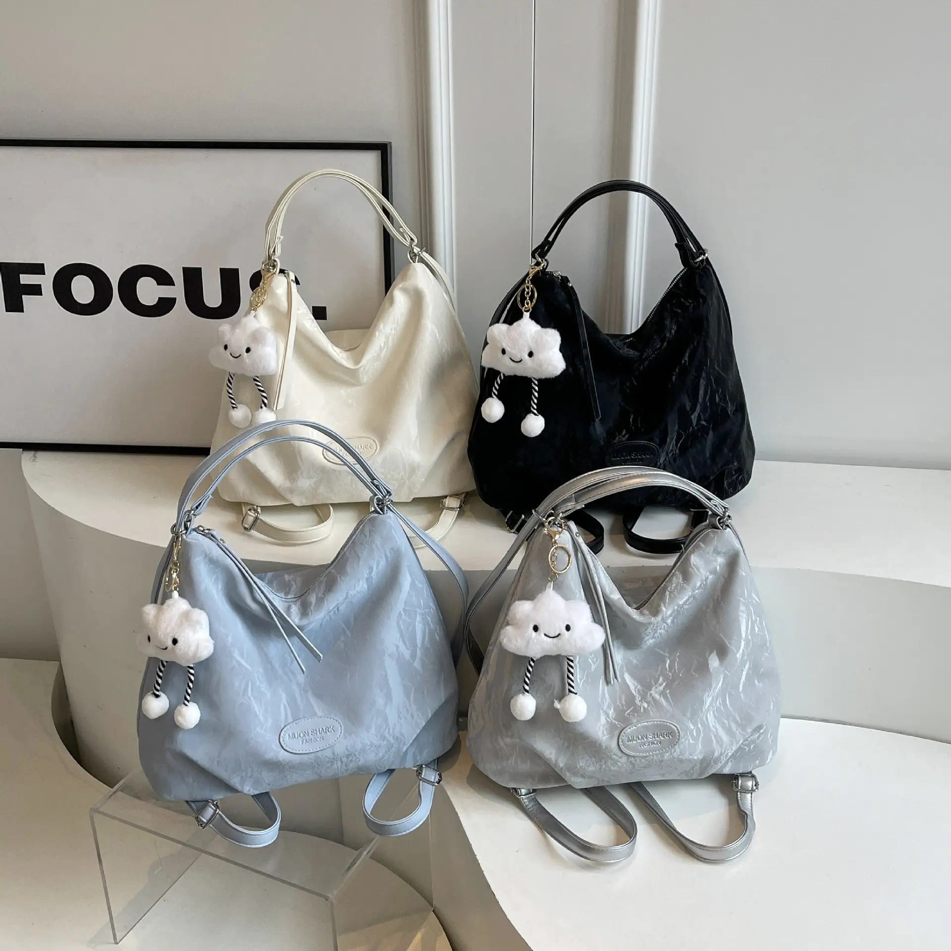 Women's Silver Textured Shoulder Bag with Cute Charm - Image 9