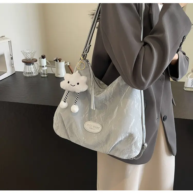 Women's Silver Textured Shoulder Bag with Cute Charm — feature 28