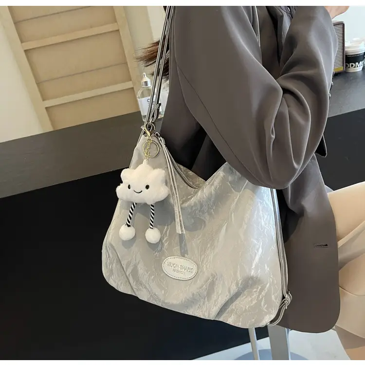 Women's Silver Textured Shoulder Bag with Cute Charm — feature 29