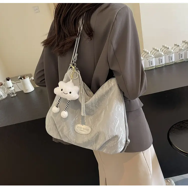 Women's Silver Textured Shoulder Bag with Cute Charm — feature 30