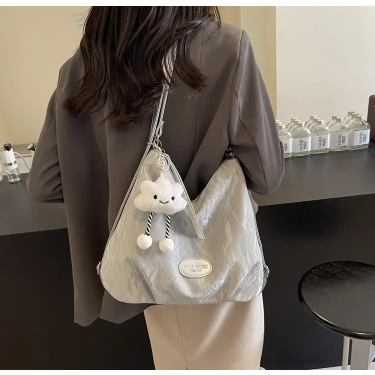 Women's Silver Textured Shoulder Bag with Cute Charm — feature 31