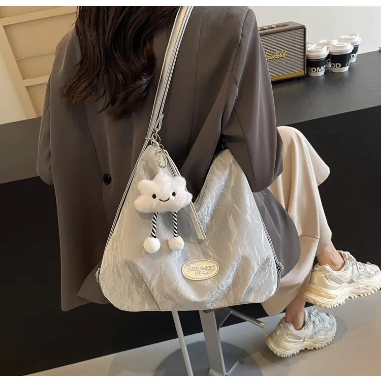 Women's Silver Textured Shoulder Bag with Cute Charm — feature 32