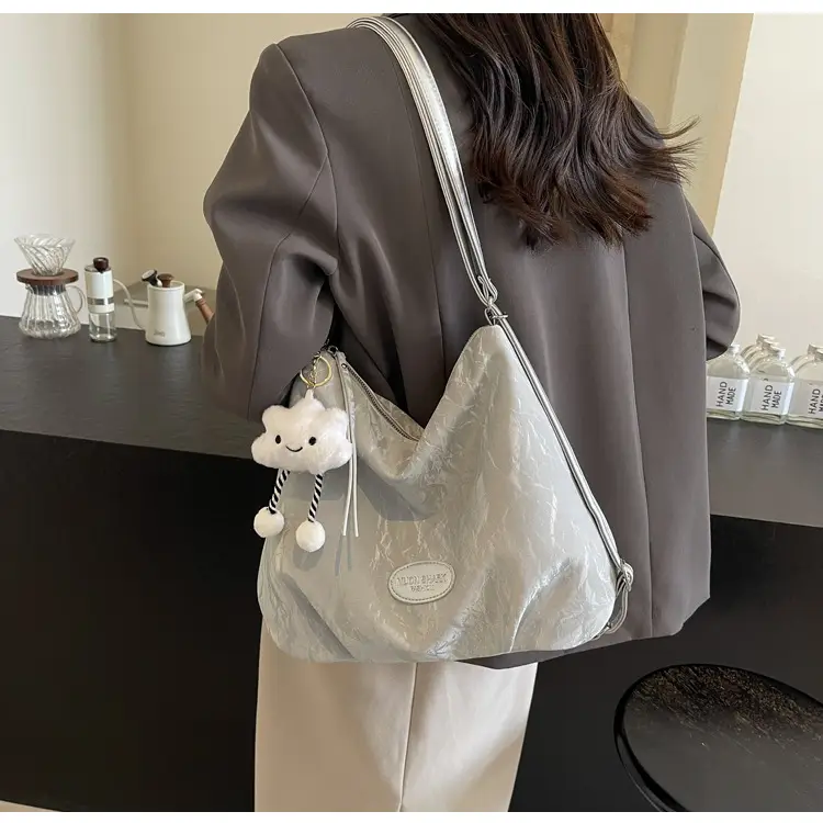 Women's Silver Textured Shoulder Bag with Cute Charm — feature 34