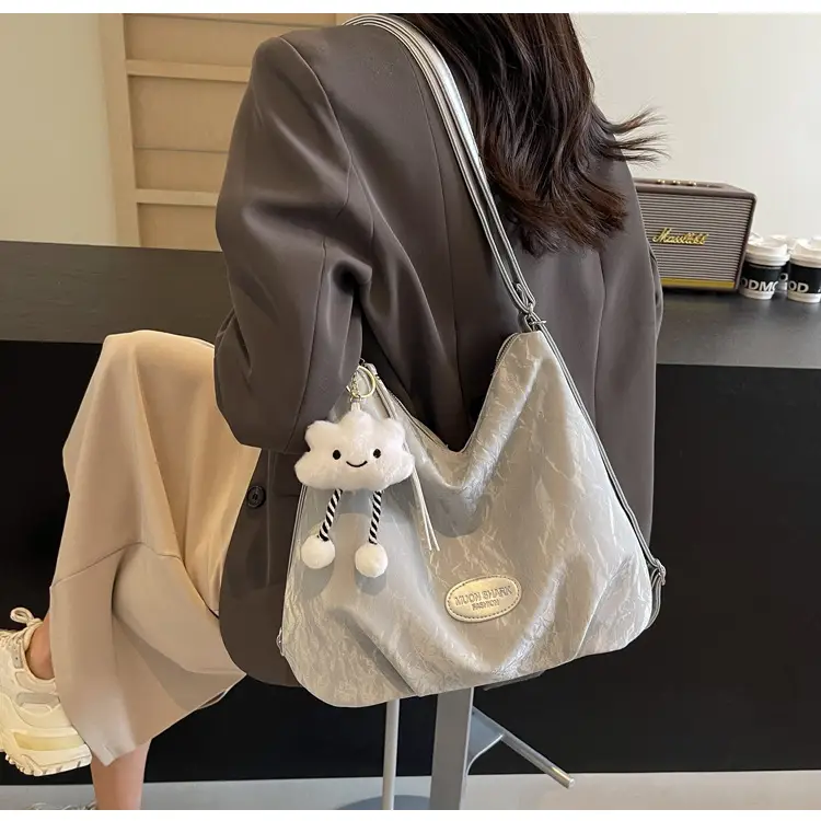 Women's Silver Textured Shoulder Bag with Cute Charm — feature 35