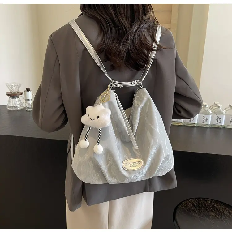 Women's Silver Textured Shoulder Bag with Cute Charm — feature 36