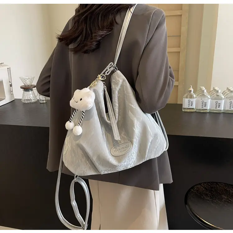 Women's Silver Textured Shoulder Bag with Cute Charm — feature 37