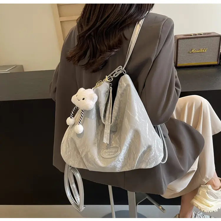 Women's Silver Textured Shoulder Bag with Cute Charm — feature 38