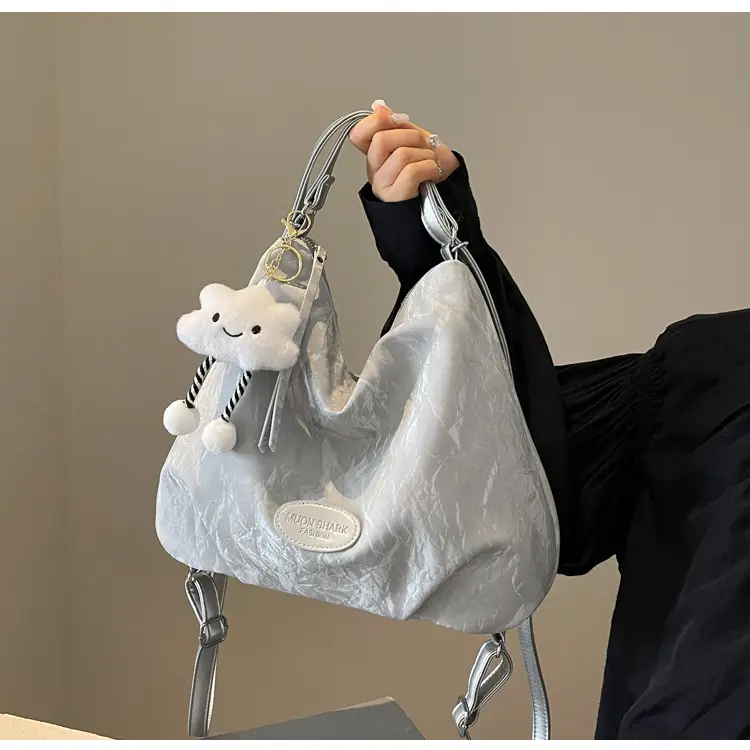 Women's Silver Textured Shoulder Bag with Cute Charm — feature 40