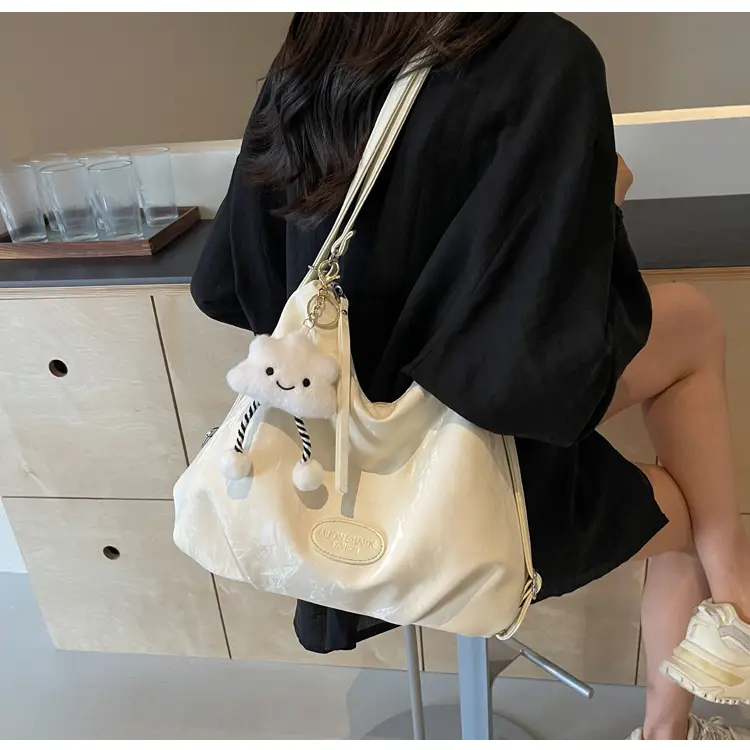 Women's Silver Textured Shoulder Bag with Cute Charm — feature 49