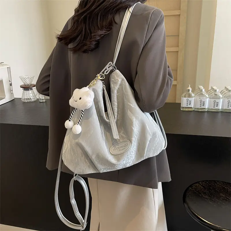 Women's Silver Textured Shoulder Bag with Cute Charm - Image 2