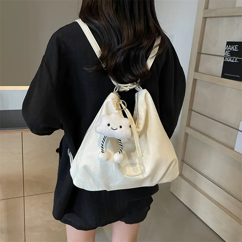 Women's Silver Textured Shoulder Bag with Cute Charm - Image 5