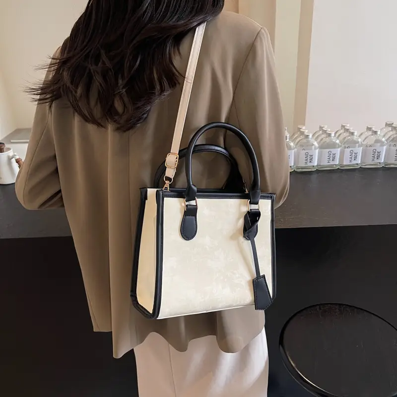 Women's Black White Contrast Shoulder Tote Bag 2024 - Image 7