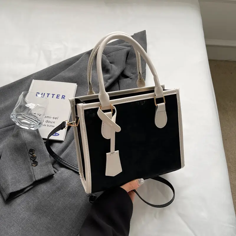 Women's Black White Contrast Shoulder Tote Bag 2024 - Image 2