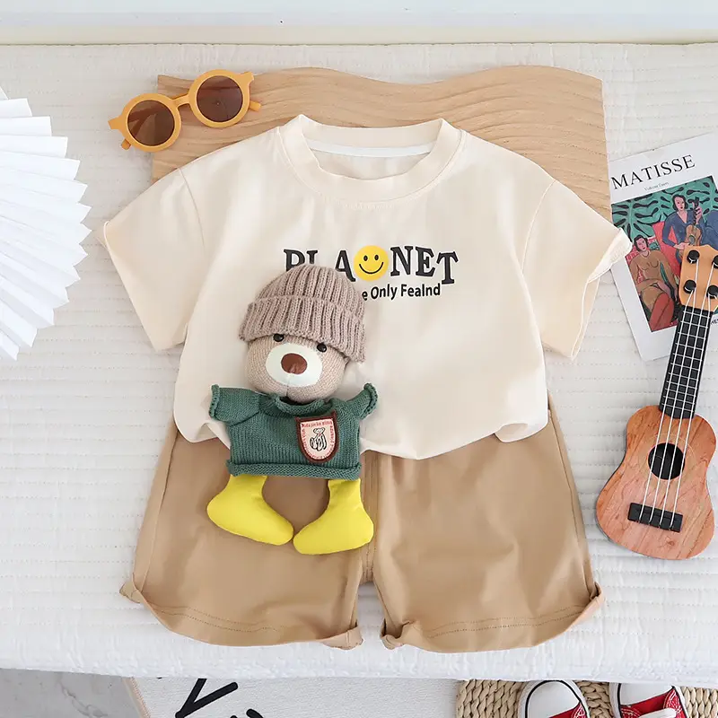 Boy Bear Print Summer Shorts Suit Beige Brown - Image 2