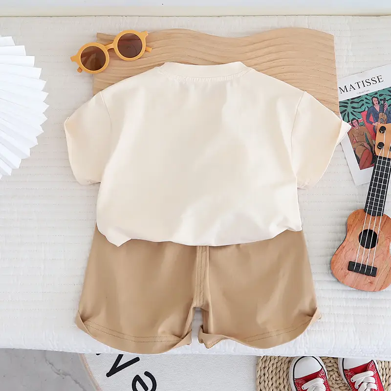 Boy Bear Print Summer Shorts Suit Beige Brown - Image 4