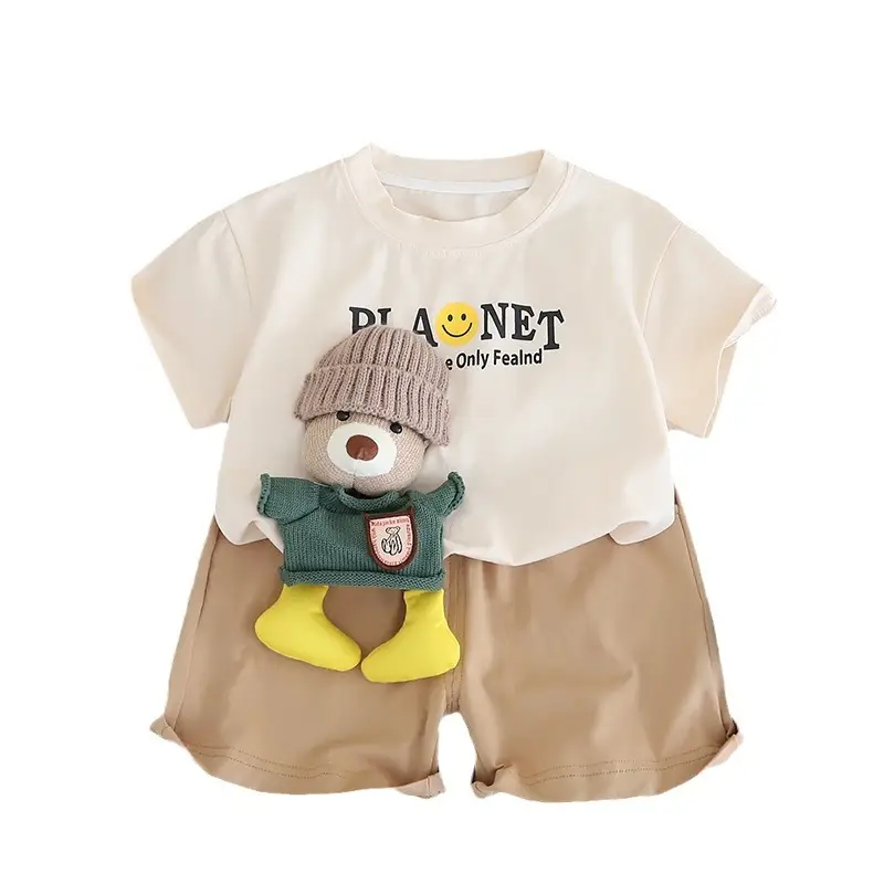 Boy Bear Print Summer Shorts Suit Beige Brown - Image 5