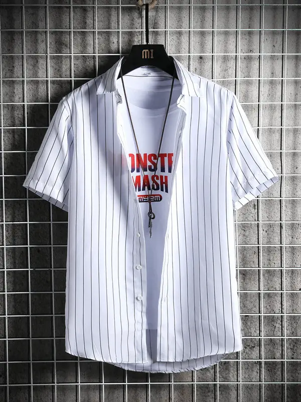 Men Blue Striped Slim Fit Shirt with Red Graphic