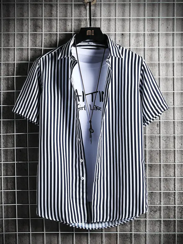 Men Blue Striped Slim Fit Shirt with Red Graphic