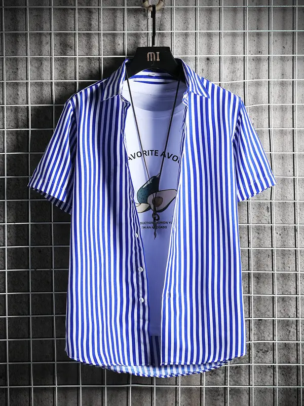 Men Blue Striped Slim Fit Shirt with Red Graphic