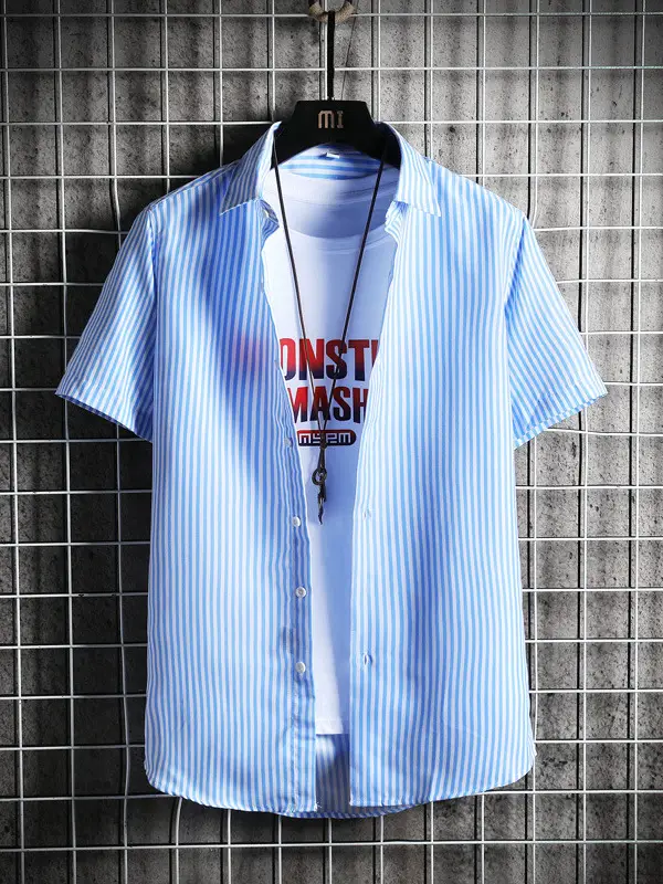 Men Blue Striped Slim Fit Shirt with Red Graphic