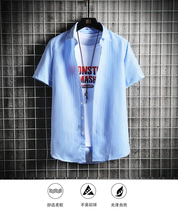 Men Blue Striped Slim Fit Shirt with Red Graphic — feature 1