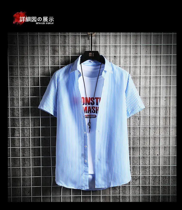 Men Blue Striped Slim Fit Shirt with Red Graphic — feature 10