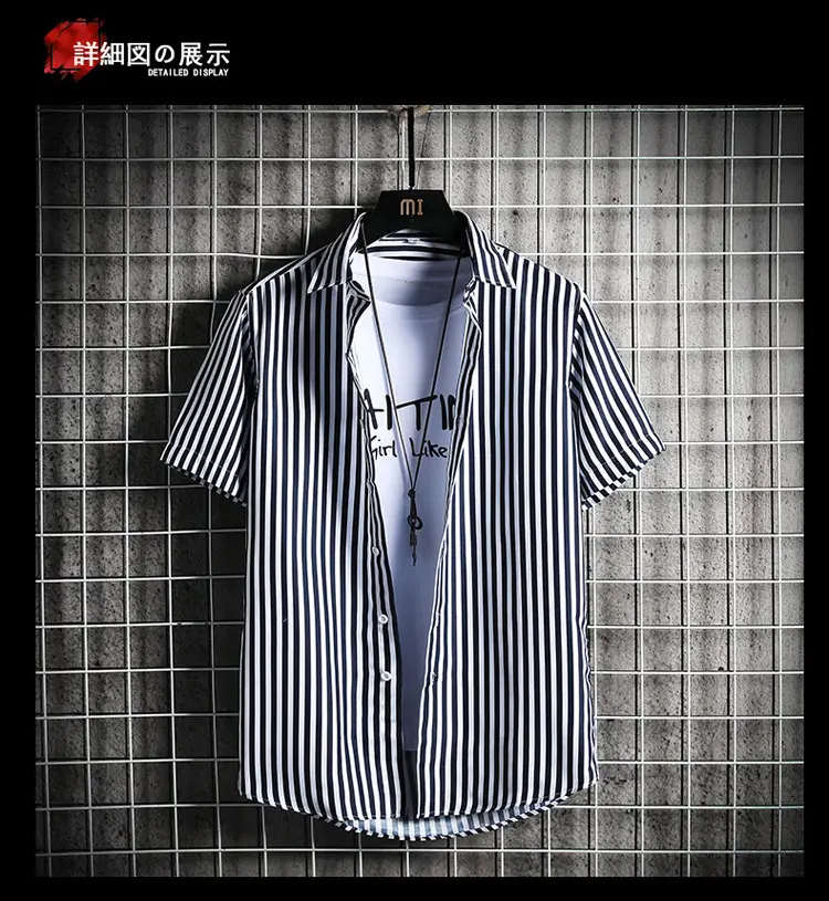 Men Blue Striped Slim Fit Shirt with Red Graphic — feature 12