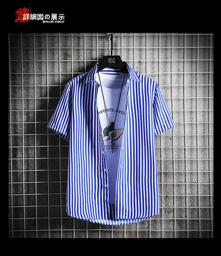Men Blue Striped Slim Fit Shirt with Red Graphic — feature 13