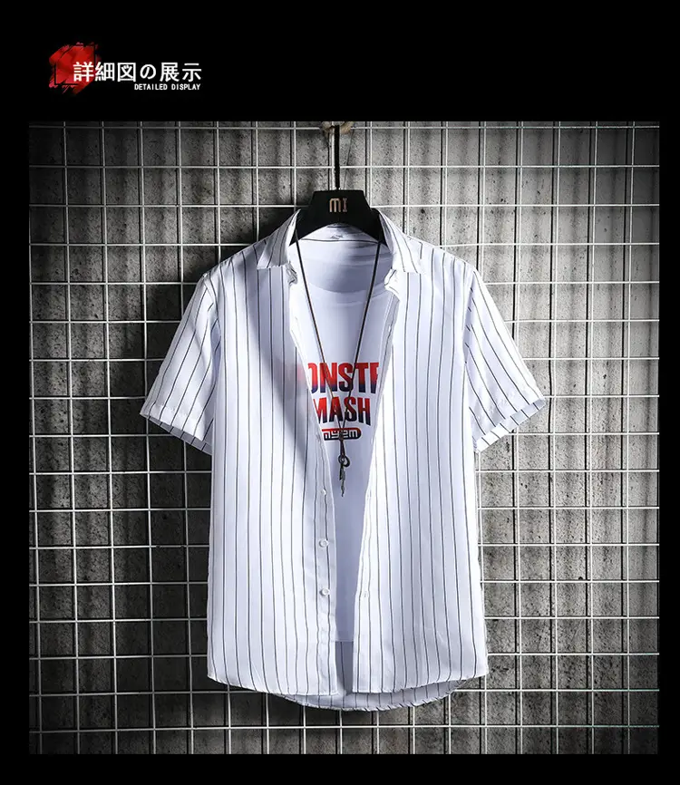 Men Blue Striped Slim Fit Shirt with Red Graphic — feature 15
