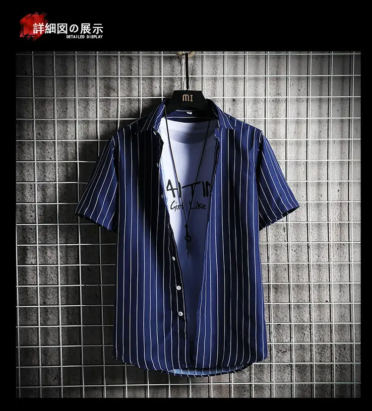 Men Blue Striped Slim Fit Shirt with Red Graphic — feature 17