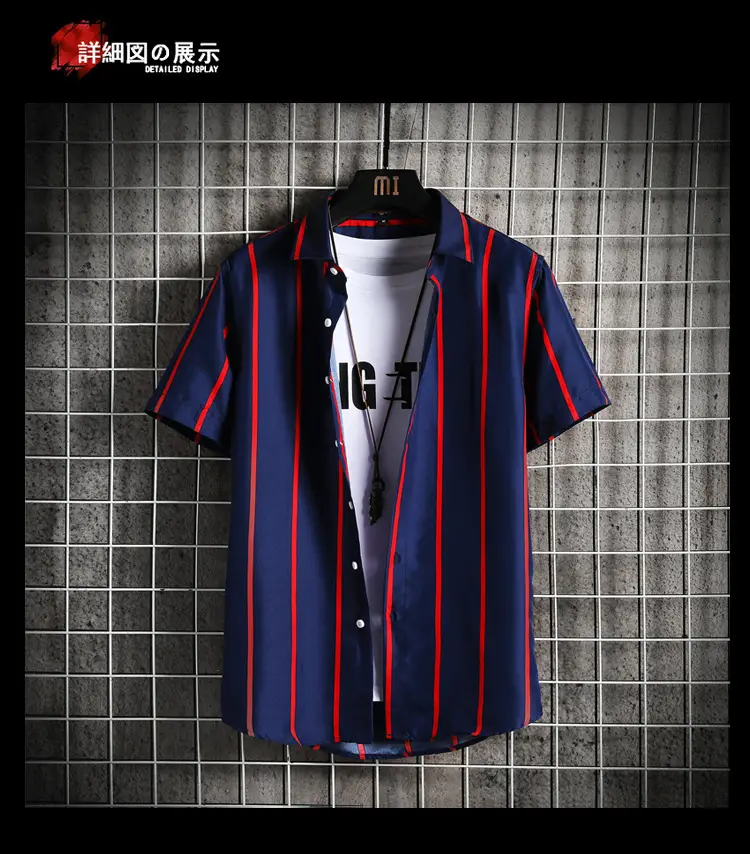 Men Blue Striped Slim Fit Shirt with Red Graphic — feature 19