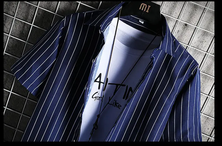 Men Blue Striped Slim Fit Shirt with Red Graphic — feature 21