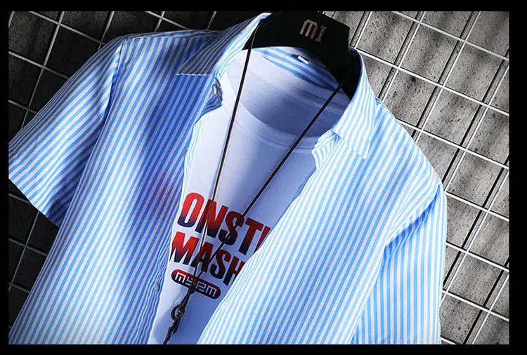 Men Blue Striped Slim Fit Shirt with Red Graphic — feature 22