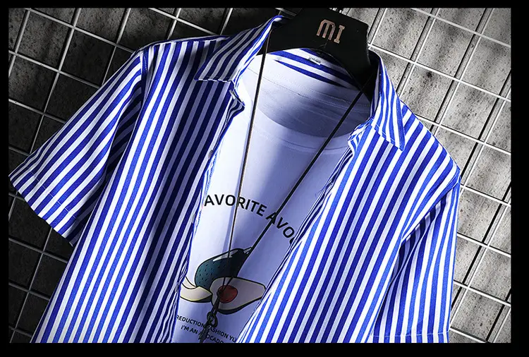Men Blue Striped Slim Fit Shirt with Red Graphic — feature 24