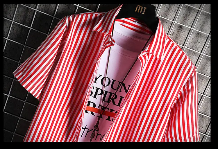 Men Blue Striped Slim Fit Shirt with Red Graphic — feature 25