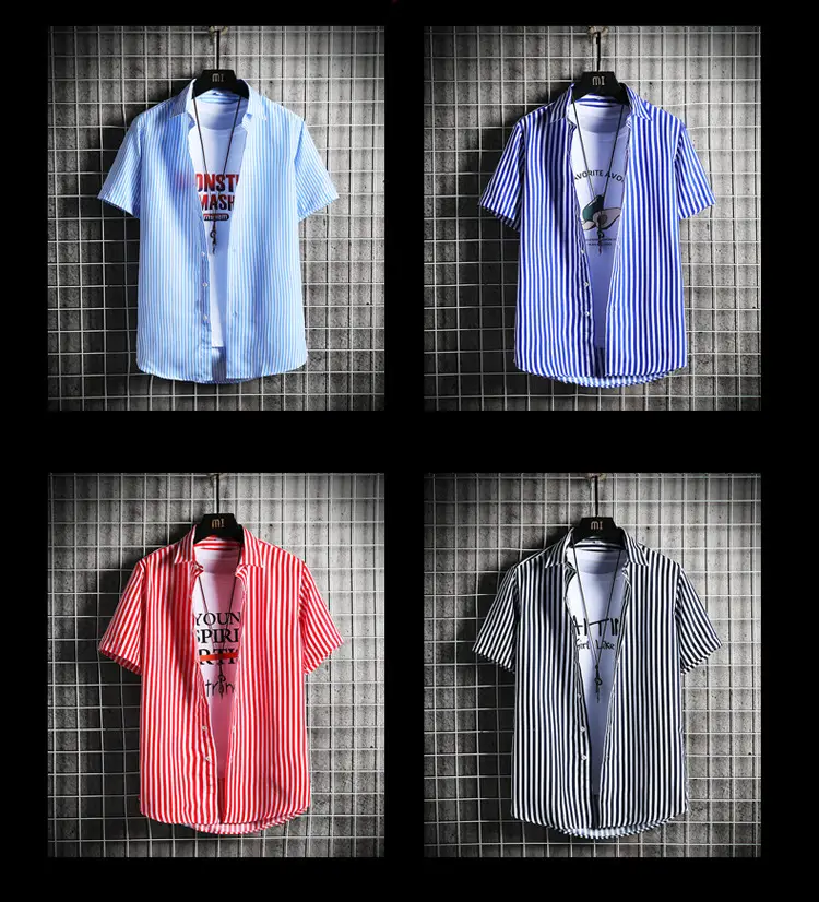 Men Blue Striped Slim Fit Shirt with Red Graphic — feature 8