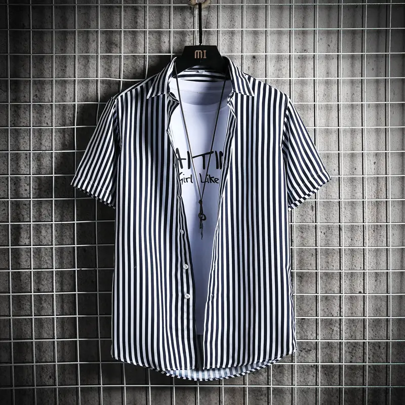 Men Blue Striped Slim Fit Shirt with Red Graphic