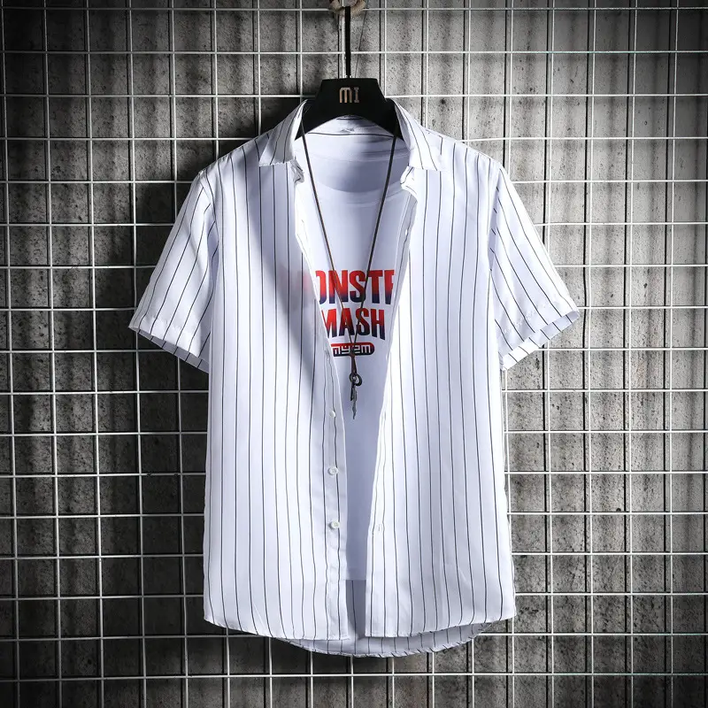 Men Blue Striped Slim Fit Shirt with Red Graphic