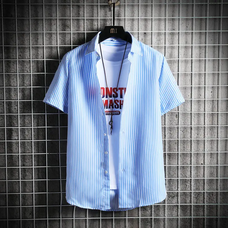 Men Blue Striped Slim Fit Shirt with Red Graphic