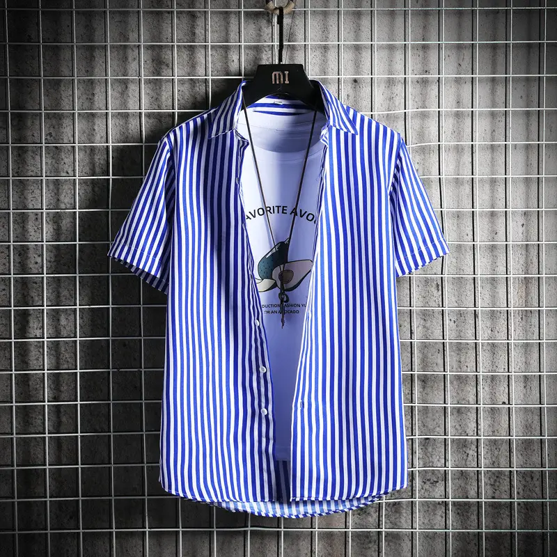 Men Blue Striped Slim Fit Shirt with Red Graphic