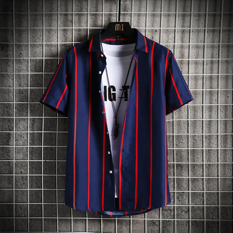 Men Blue Striped Slim Fit Shirt with Red Graphic