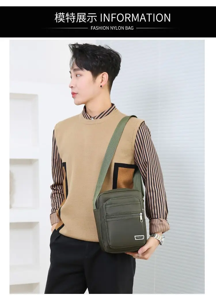 Men's Oxford Cloth Messenger Bag Green 4-Zone Pocket — feature 18