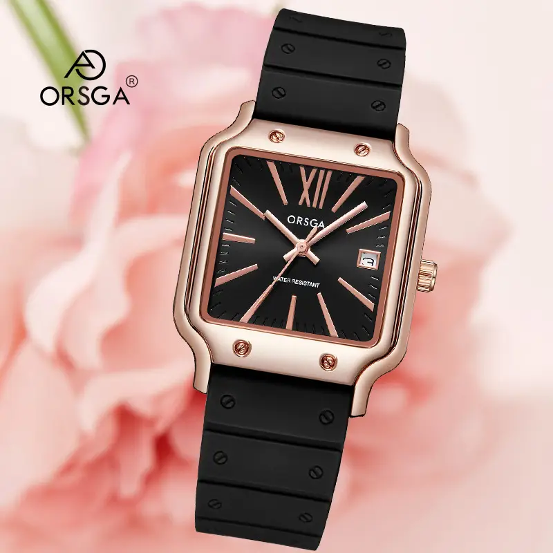 ORSGA Women's Square Watch Brown Silicone Strap Quartz Calendar
