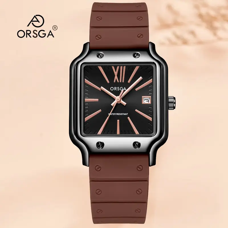ORSGA Women's Square Watch Brown Silicone Strap Quartz Calendar