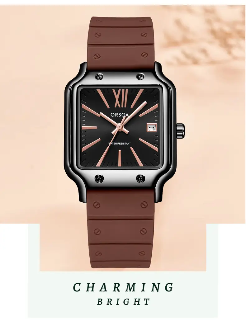 ORSGA Women's Square Watch Brown Silicone Strap Quartz Calendar — feature 6